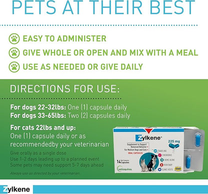 Vetoquinol Zylkene - Calming Oral Support for Medium Dogs & Large Cats - Supports Behavior & Occasional Anxiety - for Boarding, Vet Visits & Celebrations - Non-Drowsy & Lactose-Free - 14 Capsules