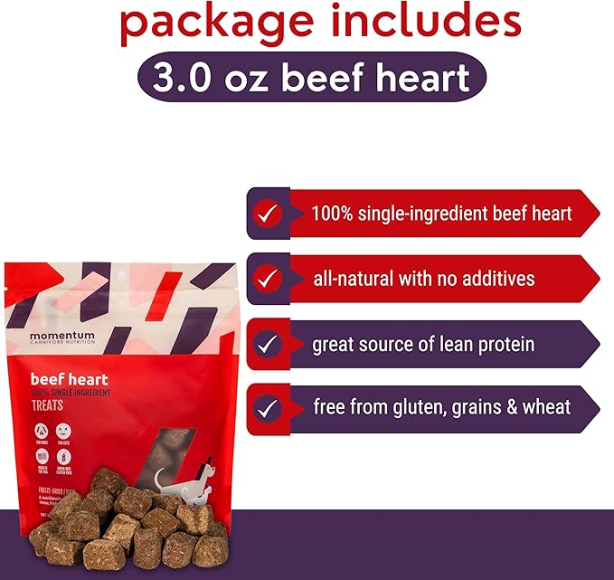 Momentum Carnivore Nutrition Freeze-Dried Beef Heart Dog Treats & Cat Treats – Single-Ingredient, High-Protein, Grain-Free – Made in USA – 3 oz Bag