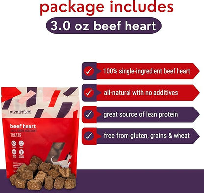 Momentum Carnivore Nutrition Freeze-Dried Beef Heart Dog Treats & Cat Treats – Single-Ingredient, High-Protein, Grain-Free – Made in USA – 3 oz Bag