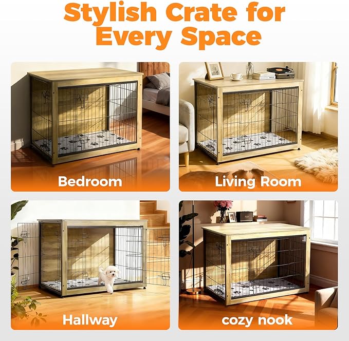 SHAWKEN Wooden & Metal Large Dog Crate Furniture Indoor with Soft Cushion, Double-Door Dog House, 37.4" L Dog Kennel (Oak Grey, Large)