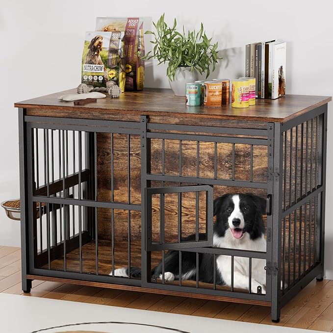 Dog Crate Furniture for Large Dogs: 39 Inch Heavy Duty Chewproof Wooden Kennel Furniture - Dog Cage Table for High Anxiety Dogs- 360° Adjustable Bowls Multi-Lock Sliding Door for Indoor