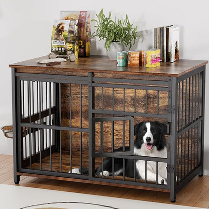 Dog Crate Furniture for Large Dogs: 39 Inch Heavy Duty Chewproof Wooden Kennel Furniture - Dog Cage Table for High Anxiety Dogs- 360° Adjustable Bowls Multi-Lock Sliding Door for Indoor