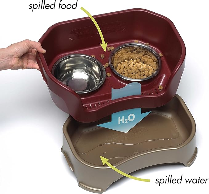 Neater Feeder Deluxe Mess-Proof Elevated Cat Bowls, 2 Height Adjustable (6” & 7.5”) No-Spill Raised Cat Bowl Stand, Whisker Friendly Stainless Steel Dishes for Indoor Cats, Made in USA, Cranberry