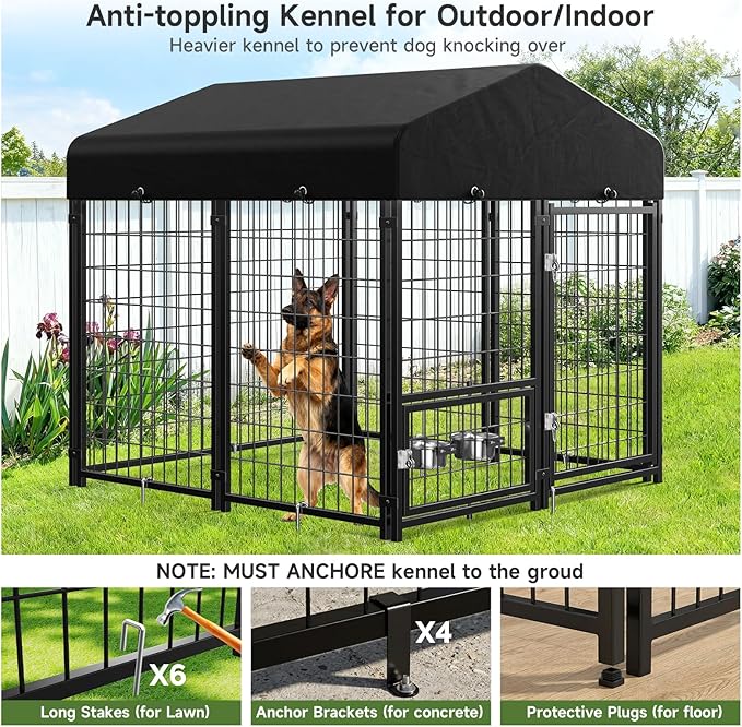 2PCS Dog Kennel Outdoor, Outside Dog Kennel with Roof & Swivel Feeders/Removable Doggy Door Allow Connecting Your Dog House, Heavy Duty Dog Run Pen Yard for Medium/Large Dogs (5'Lx5'Wx5'H)