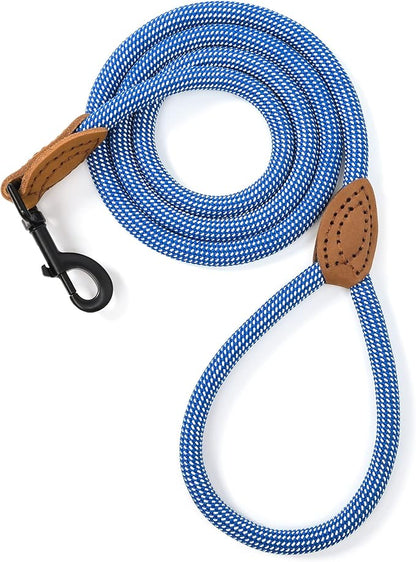Mile High Life Rope Leash with Genuine Leather Connection, 6 FT/5 FT/4 FT, Heavy Duty Leash for Medium & Large Dogs (Blue White, 60 Inch)