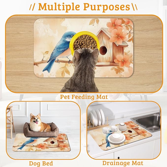 Dog Bowl Mat,Blue Bird Pet Feeding Mat for Floors Waterproof,Fall Leaves Absorbent Dogs Placemat for Food and Water Quick Dry Pet Cat Feeding Mats with Non Slip Bottom 12" x 20"