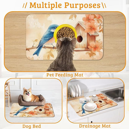 Dog Bowl Mat,Blue Bird Pet Feeding Mat for Floors Waterproof,Fall Leaves Absorbent Dogs Placemat for Food and Water Quick Dry Pet Cat Feeding Mats with Non Slip Bottom 12" x 20"