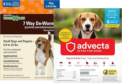 WORM X PLUS 7 Way DeWormer for Small Dogs 6-25 lbs (6 Count) + ADVECTA Flea and Tick Prevention for Medium Dogs 11-20 lbs (2 Count) Bundle