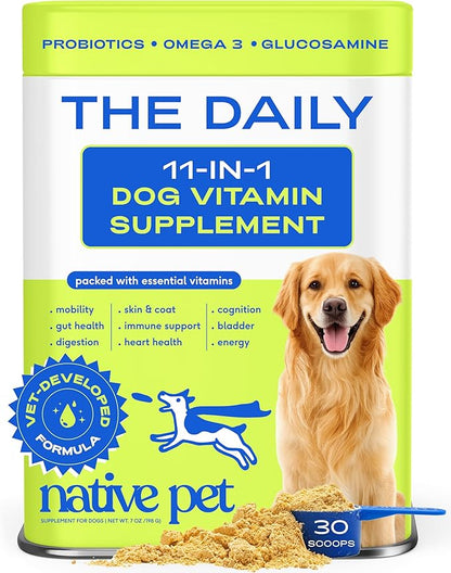Native Pet The Daily Dog Vitamins & Supplements - 11-in-1 Multivitamin Powder for Dogs - Supports Whole Body Health, Digestion, Mobility & Immunity with Collagen, Glucosamine & Probiotics – 30 Scoops