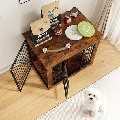 Greesum Modern Dog Crate Furniture That Doubles as a Side Table - Sturdy Wooden Kennel with Double Door Design, Equipped with Soft Cushion & Chew-Resistant Resign, Suitable for Dogs