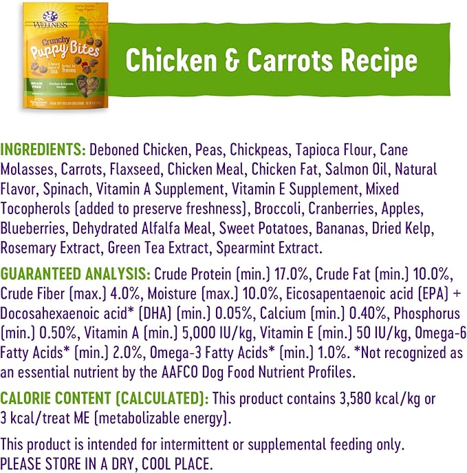 Wellness Puppy Treats,Natural,Training Treat,Grain Free,Crunchy Chicken & Carrot (6 Ounce Bag),(Pack of 2)