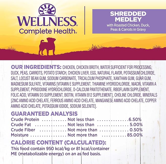 Wellness Petite Entrees Shredded Medley Small Breed Adult Wet Dog Food, Grain Free, Natural, Roasted Chicken, Duck, Peas, and Carrots, 3 oz, Pack of 12 Cups