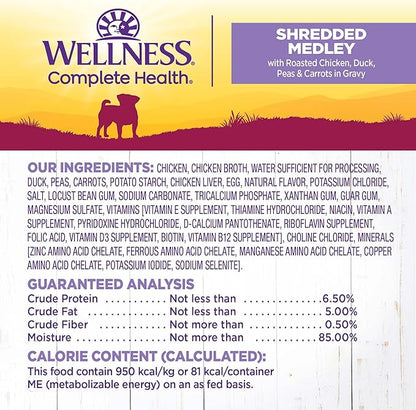 Wellness Petite Entrees Shredded Medley Small Breed Adult Wet Dog Food, Grain Free, Natural, Roasted Chicken, Duck, Peas, and Carrots, 3 oz, Pack of 12 Cups