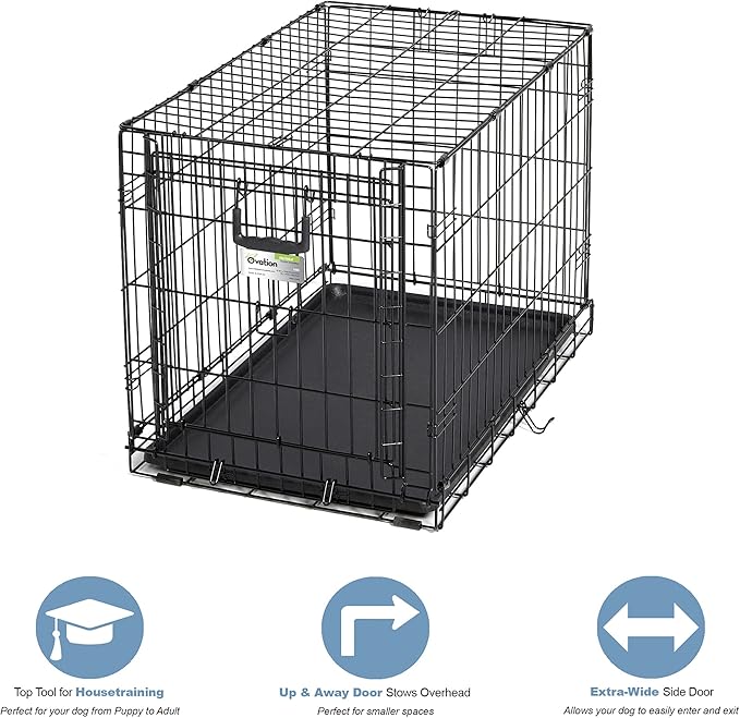 MidWest Homes for Pets Medium Ovation Single Door Folding Dog Crate, 30-Inches, Space-Saving Patented Up & Away Door, Leak-Proof Pan, Divider Panel, Black