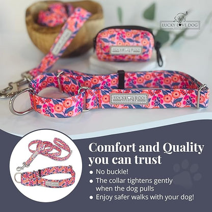 Lucky Love Dog Martingale Dog Collar & Leash - Adjustable, No-Slip, Durable, Comfortable, Soft Webbing, & Stylish Patterned Collar & Leash Set for Male and Female Dogs - Rosie Combo, Small