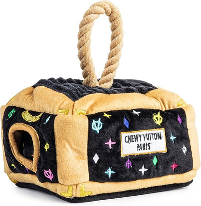 Haute Diggity Dog Chewy Vuiton Trunk Puzzle with 3 Plush Squeaky Dog Toys, Soft Durable Designer-Inspired Stuffed Puppy Chew Toys for Small & Medium Dogs, Machine-Washable (Black Monogram) One Size