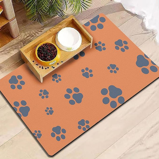 12"×20" Dog Food Mat-Absorbent Dog Mat for Food and Water, No Stains Quick Dry Cat Bowl Mat Non Skid Feeding Mat with Footprints for Messy Drinkers Orange