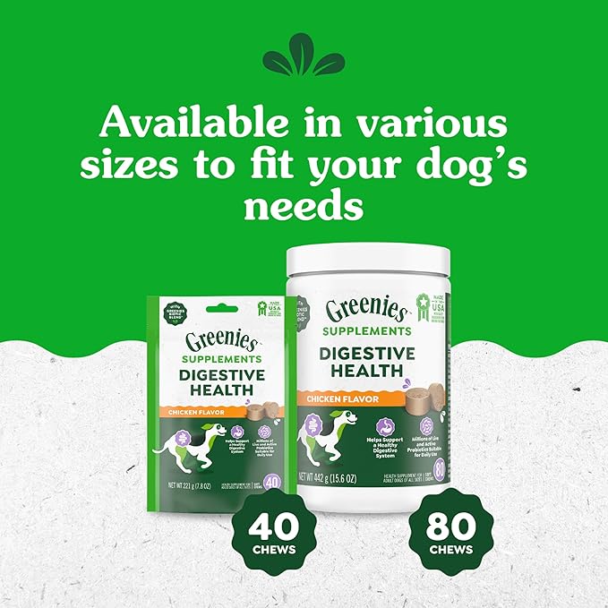 Greenies Supplements Digestive Health Probiotics for Dogs, Dog Probiotic Supplements, Chicken Flavor, 7.8 oz. Pouch of 40 Count