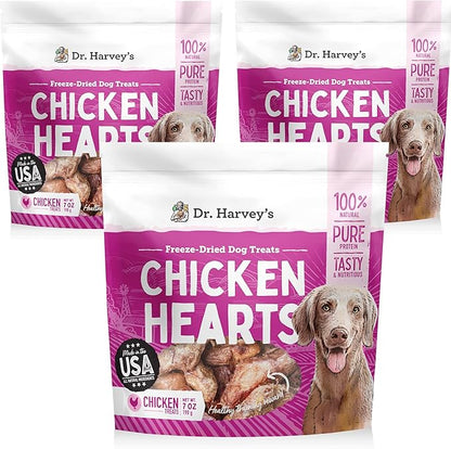 Dr. Harvey's Freeze-Dried Chicken Hearts - Training Dog Treats, Single Ingredient, All-Natural USA Sourced Protein, Allergen-Free - 7 Ounces (Pack of 3)
