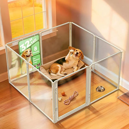 FXW AuraSpace Pro Acrylic Indoor Dog Playpen, Heavy-Duty with Metal Frame, 32" Height 8 Panels for Small and Medium Dogs, White│Patented