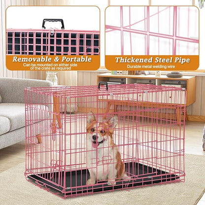 Folding Dog Crate 36" Metal Portable Outdoor Double Door Wire Large Cat Pet Dog Cage Kennel with ABS Tray LC & Divider, Pink