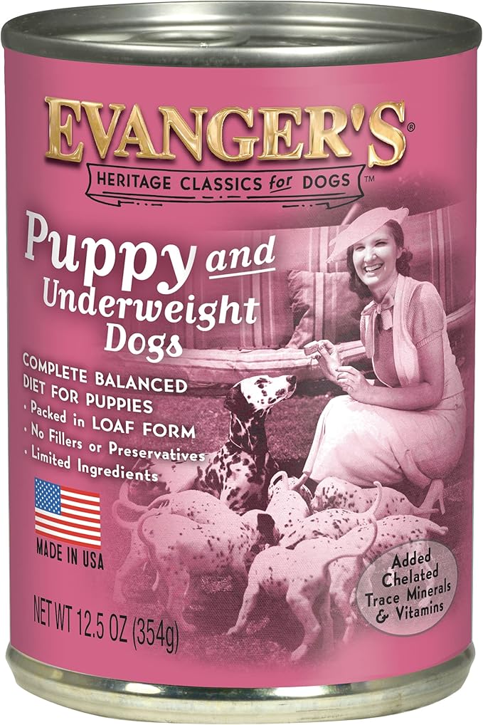 Evanger's Heritage Classic Puppy Food – 12 Count, 12.5 oz Each – Tasty Meat-Based Formula for Puppies & Underweight Dogs – Added Vitamins & Chelated Trace Minerals – Grain & Gluten Free
