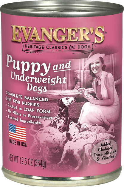 Evanger's Heritage Classic Puppy Food – 12 Count, 12.5 oz Each – Tasty Meat-Based Formula for Puppies & Underweight Dogs – Added Vitamins & Chelated Trace Minerals – Grain & Gluten Free