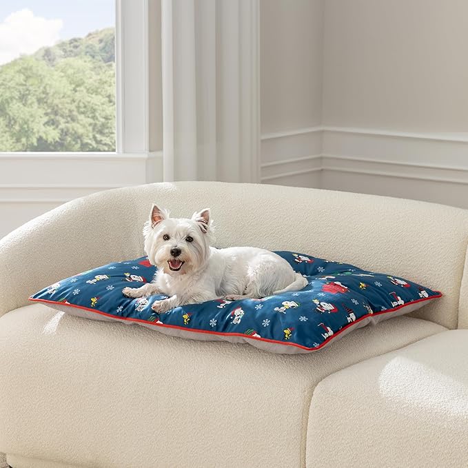 Berkshire Peanuts® Square Dog Bed, Suedemink Fleece Pet Mat with Waterproof & Non-Slip Bottom, Soft Plush Dog Mat for Crate, Couch, or Floor, Machine Washable(Snoopy Best Christmas Icons, Large)