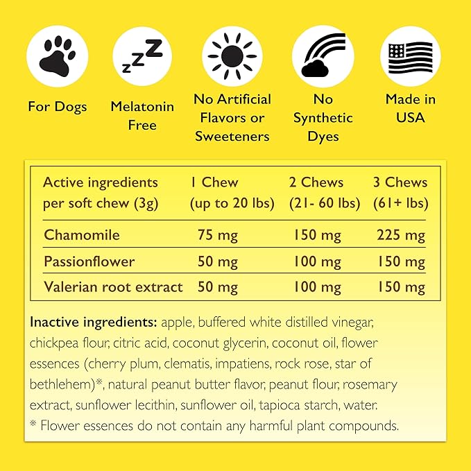 RESCUE Pet Chews for Dogs, 60 Soft Chews, Behavioral Health Supplement for Dogs with Chamomile, passionflower & Valerian, soothes Stress, Nervousness & Anxiousness