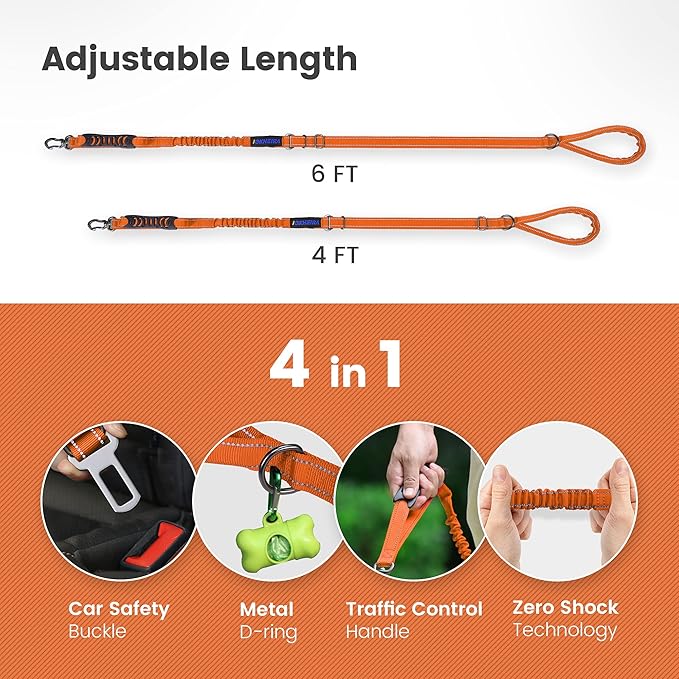 IOKHEIRA Orange Leash for Large Dogs, Multifunctional Adjustable Heavy Duty Leash