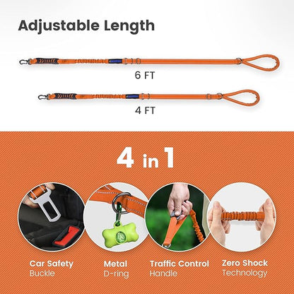 IOKHEIRA Orange Leash for Large Dogs, Multifunctional Adjustable Heavy Duty Leash