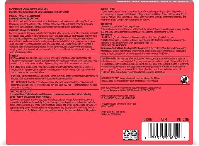 Amazon Basics Preventative Flea and Tick Topical Treatment for Dogs, X-Large (89-132 lbs), Fast Acting and Long Lasting, 3 Counts, Packaging May Vary