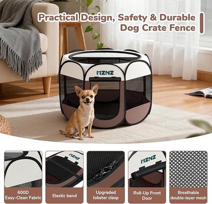 Dog Cat Playpen, Portable Puppy Pet Crate Indoor for Small Dogs Cats Rabbits, Foldable Dog Cage Enclosure for Outdoor, Pop Up Dogs Tent Kennel with Carrying Case, Brown