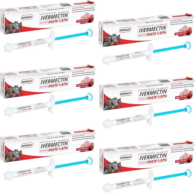 Ivermectin Horse Paste 1.87% Dewormer 6.08g Dose-Effective Appled Flavored Ivermectin Paste for Equine Care,Horse Deworming Paste -for Horses Up to 1250 lb (6 Pack)
