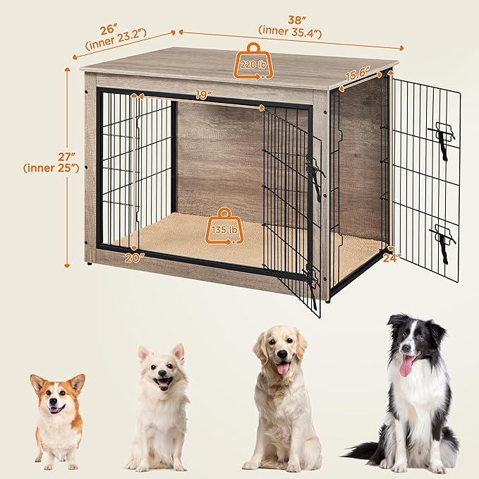 Yaheetech 38'' Dog Crate Furniture with Cushion Wooden Dog Crate with Double Doors/Adjustable Feet Side End Table for Medium/Large Dogs, 37.80" L x 25.59" W x 26.57" H