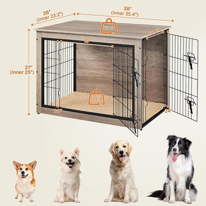 Yaheetech 38'' Dog Crate Furniture with Cushion Wooden Dog Crate with Double Doors/Adjustable Feet Side End Table for Medium/Large Dogs, 37.80" L x 25.59" W x 26.57" H