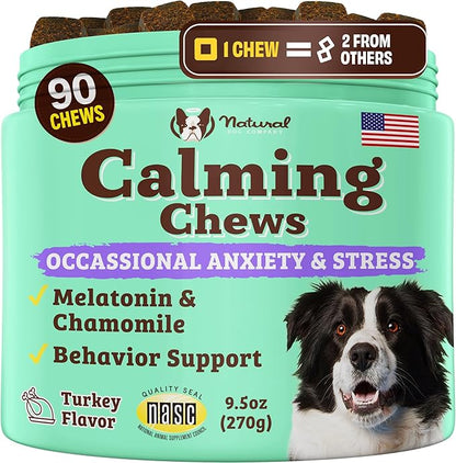 Natural Dog Company Calming Chews for Dogs, Stress & Anxiety Relief Supplement 90 cnt with Chamomile, Valerian Root & Melatonin, Natural Soothing Chews for Travel, Thunder, Fireworks & Separation