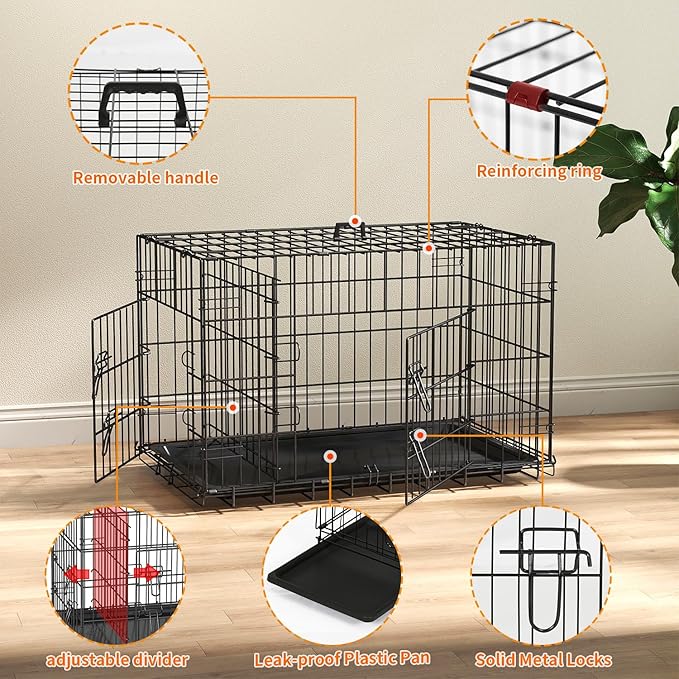 FDW Dog Crate 30-Inch Dog Cage Single Door Foldable Metal Kennel with Leakproof Tray Foldable Design Indoor Outdoor Use for Small and Medium Dogs,Dark Black