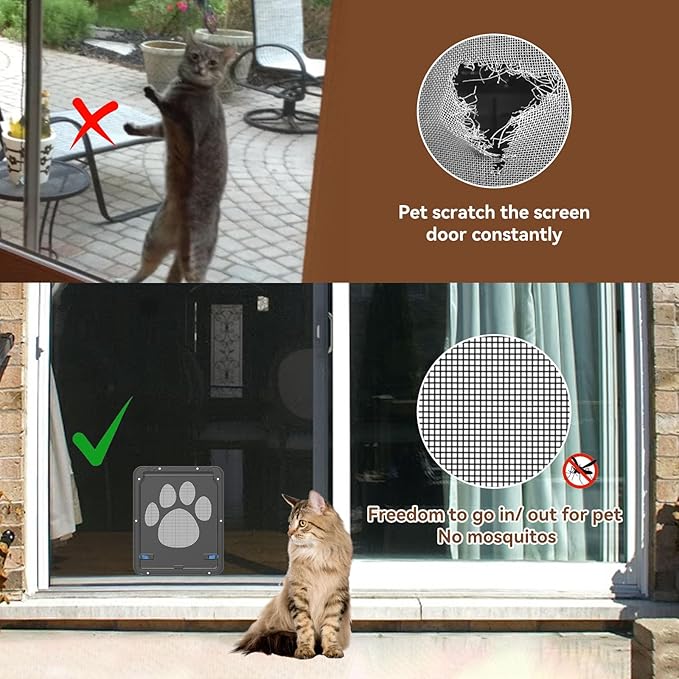 Enjoying Pet Screen Door 8"×10.2" Inner Door Size, Cat Doors with Replacement Magnetic Flap Lockable Doggy Screen Door, Black