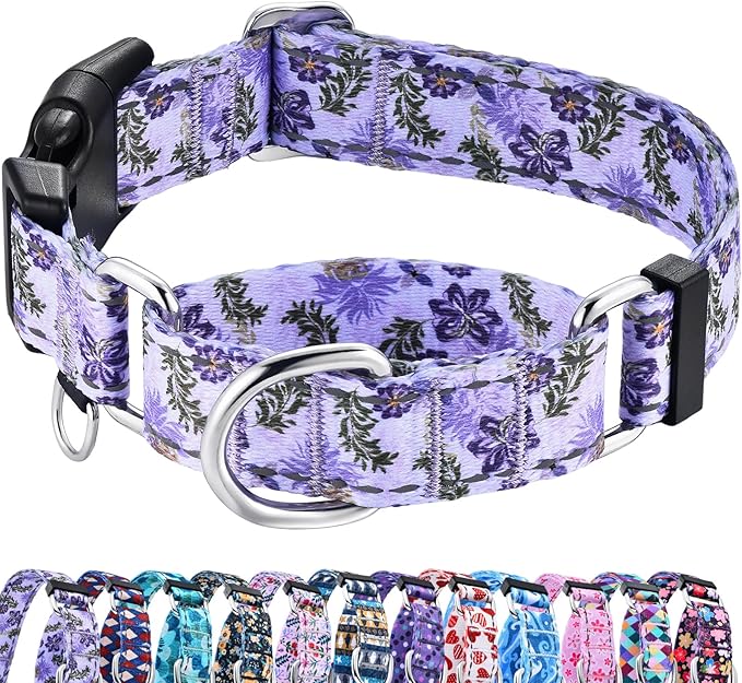 Reflective Martingale Collar for Dogs with Quick Release Buckle Cute Girl Female Flower Dog Collars (Lavender Floral, Medium)
