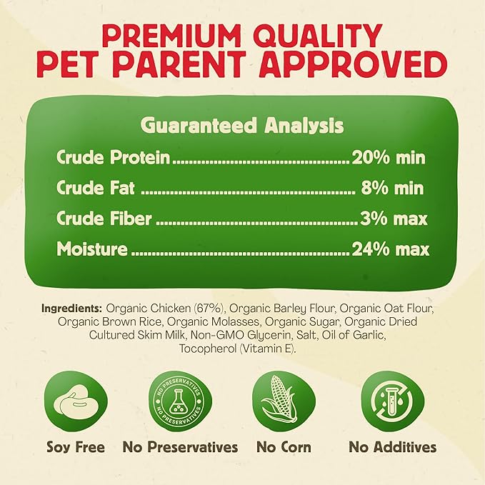 Chewmasters Organic Chicken & Brown Rice Dog Treats, 2 Pound Bag, 100% Organic, Made in The USA, Corn, Soy & Wheat Free, No by-Products, Real Meat Dog Treat