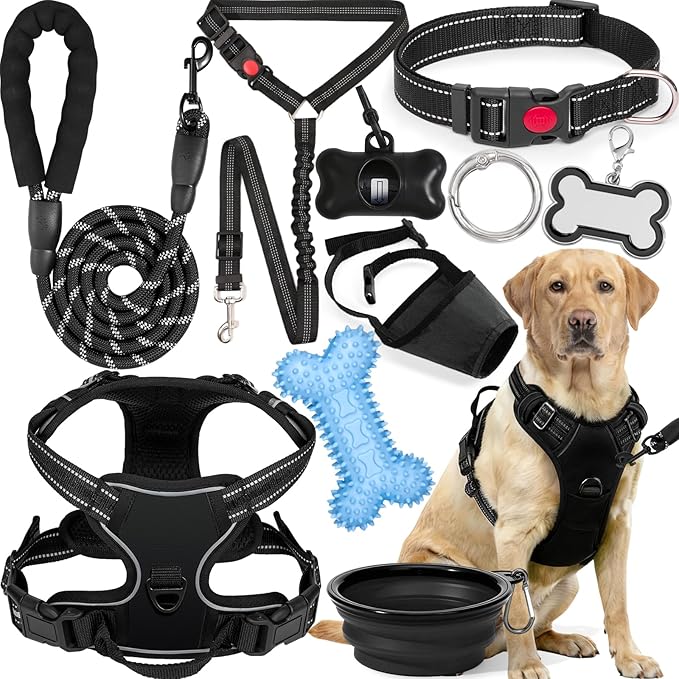 No Pull Dog Harness Adjustable Collar & Leash Set - Dog Halter Harnesses Collapsible Bowls & Poop Bag Dispenser Muzzle ID Tags Toys Fits Small Medium Large Dogs (Black-L)
