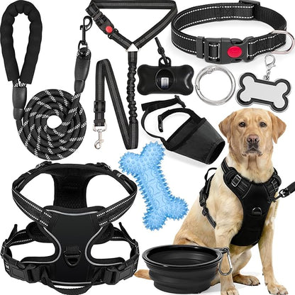 No Pull Dog Harness Adjustable Collar & Leash Set - Dog Halter Harnesses Collapsible Bowls & Poop Bag Dispenser Muzzle ID Tags Toys Fits Small Medium Large Dogs (Black-L)