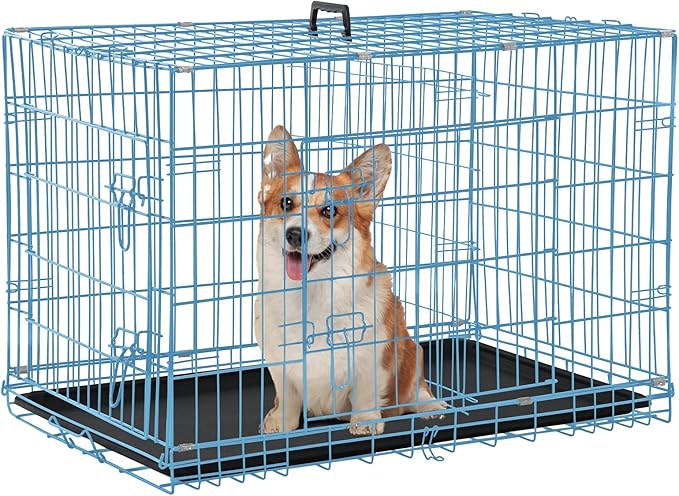 Folding Dog Crate 36" Metal Portable Outdoor Double Door Wire Large Cat Pet Dog Cage Kennel with ABS Tray LC & Divider, Blue