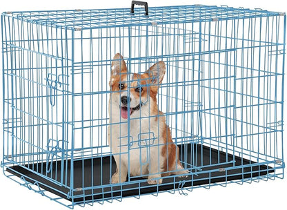 Folding Dog Crate 36" Metal Portable Outdoor Double Door Wire Large Cat Pet Dog Cage Kennel with ABS Tray LC & Divider, Blue