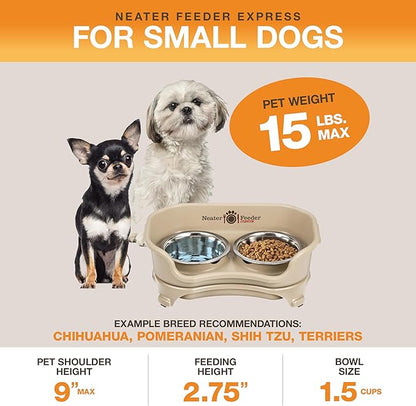 Neater Feeder Express Mess Proof Dog Bowls Elevated for Small Breeds Under 15 Lb, Made in USA, No Spill Raised Dog Food Bowl Stand, Stainless Steel Food and Water Bowl Set, Feeding Station, Almond