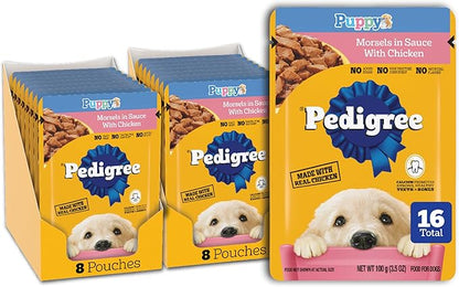 Pedigree Puppy Food Morsels in Sauce, Wet Dog Food Pouches, Chicken Flavor, 3.5 oz. Pouches, 16 Count