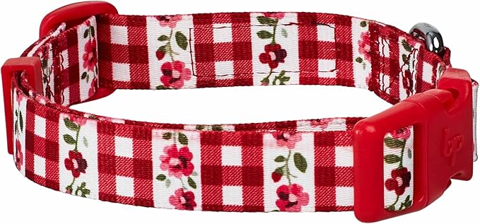Blueberry Pet Spring Scent Inspired Dainty Flower Dog Collar, Red Check, Adjustable Dog Collar for Small Dogs, Size Small, Neck 12-16"