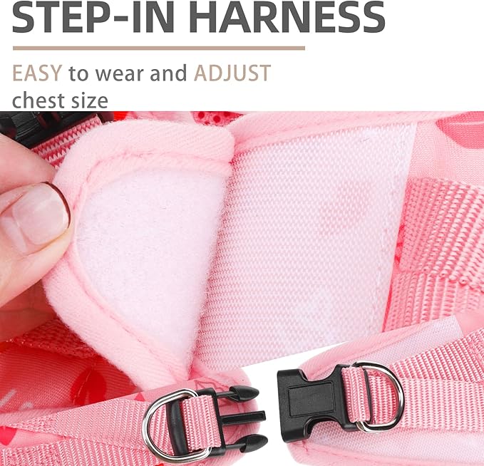PUPTECK Adjustable Dog Harness Collar and Leash Set Step in No Pull Pet Harness for Small Medium Dogs Puppy and Cats Outdoor Walking Running, Soft Mesh Padded Reflective Vest Pink Red Heart Harnesses