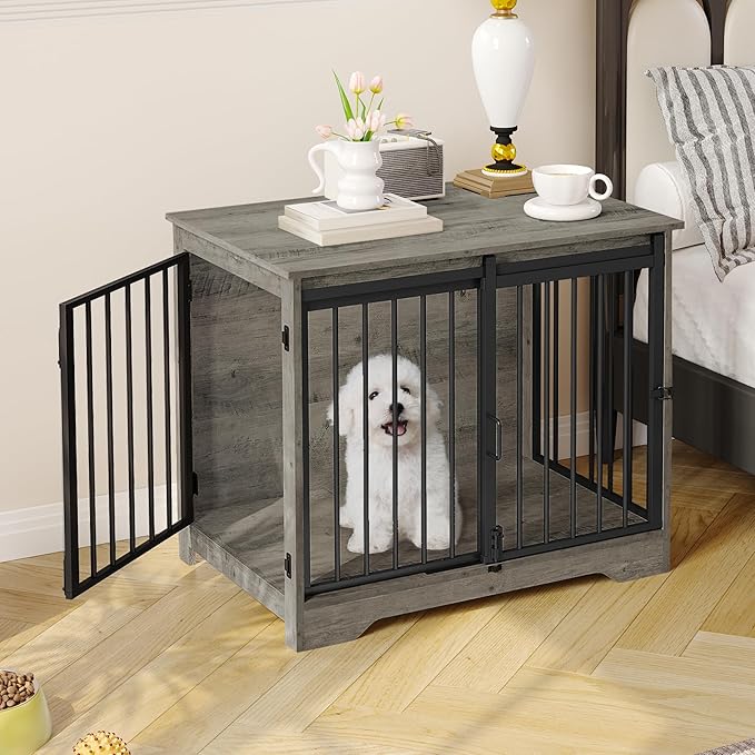 Hzuaneri 31.9" Dog Crate Furniture with Barn Door, Heavy Duty Dog Kennel Indoor with 2 Doors, Wooden Pet Cage End Table for Small Medium Dogs up to 44 lb, Anti-Chew Anti-Escape, Greige DFC83605B